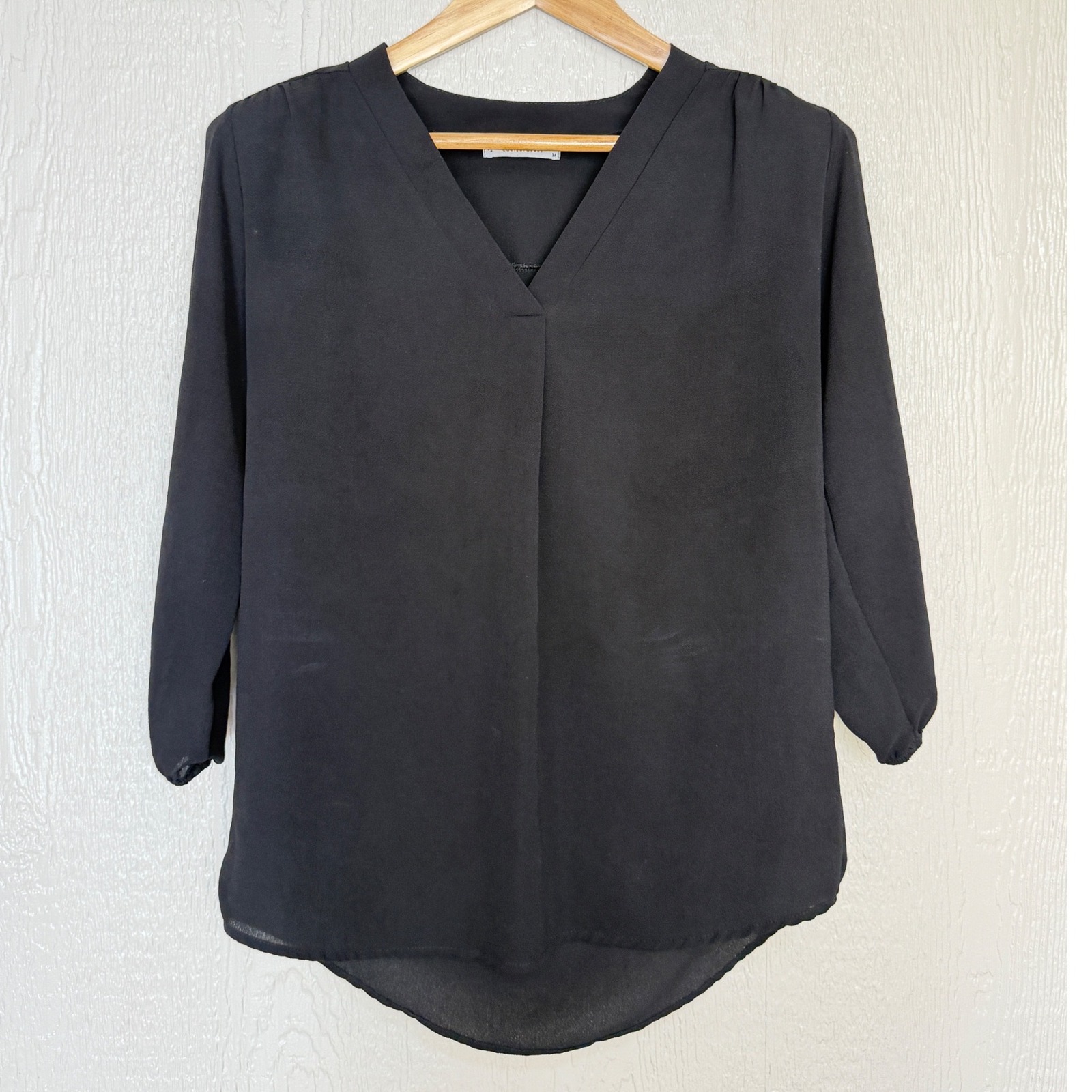 Jon & Anna Contemporary Black V-Neck 3/4 Sleeve Blouse Medium M 1600